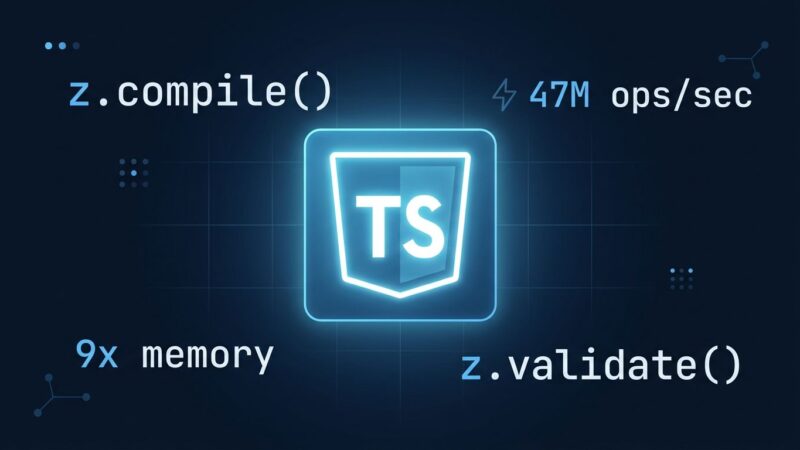 TypeScript code with z.compile() and z.validate() schema compilation in Zod 4.5 showing 47M ops/sec performance benchmark