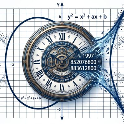 Elliptic curve grid with clock overlay representing NIST P-256 seed origins traced to 1990s Unix timestamps by Claude