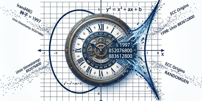 Elliptic curve grid with clock overlay representing NIST P-256 seed origins traced to 1990s Unix timestamps by Claude