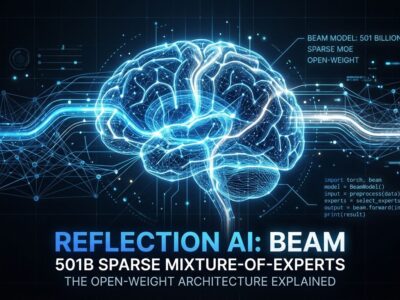 Reflection AI Beam sparse mixture-of-experts neural network visualization with blue and white color scheme