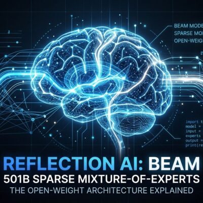 Reflection AI Beam sparse mixture-of-experts neural network visualization with blue and white color scheme