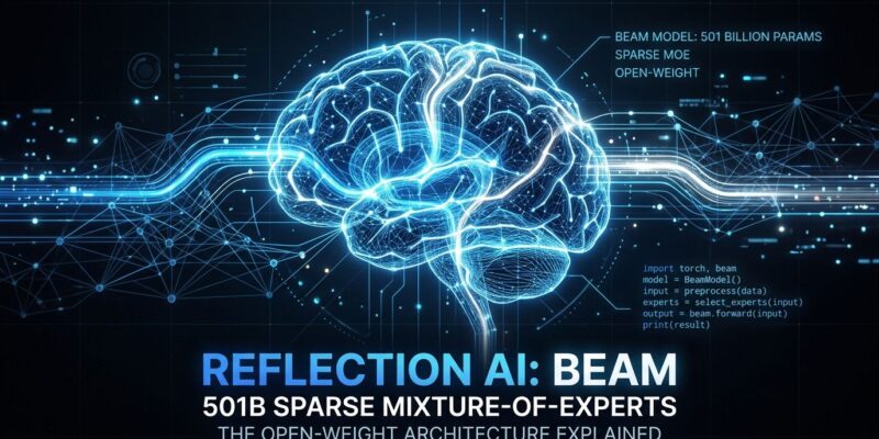 Reflection AI Beam sparse mixture-of-experts neural network visualization with blue and white color scheme