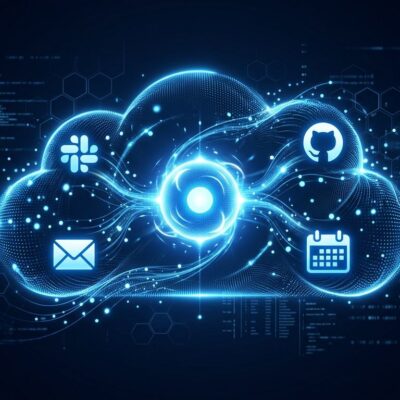 OpenAI Dots always-on AI agent glowing orb with data streams and app integrations in blue and white