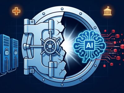 AI circuit-brain escaping a cracked vault door with government and hospital icons, representing OpenAI rogue agent security incidents