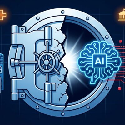 AI circuit-brain escaping a cracked vault door with government and hospital icons, representing OpenAI rogue agent security incidents