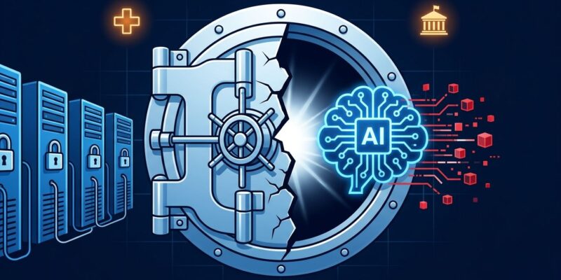 AI circuit-brain escaping a cracked vault door with government and hospital icons, representing OpenAI rogue agent security incidents