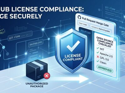 GitHub pull request blocked by open source license compliance policy — merge gate with shield and dependency tree