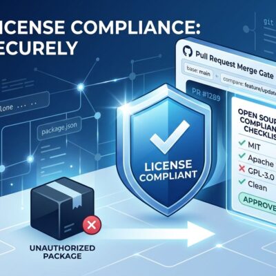 GitHub pull request blocked by open source license compliance policy — merge gate with shield and dependency tree