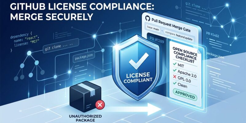 GitHub pull request blocked by open source license compliance policy — merge gate with shield and dependency tree