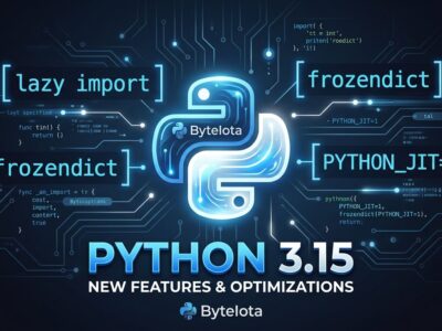 Python 3.15 featured image showing lazy import syntax and JIT compiler with ByteIota blue and white branding