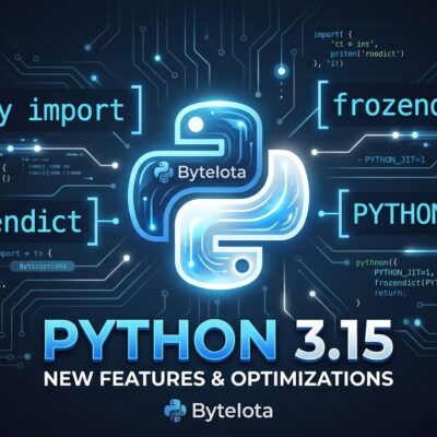 Python 3.15 featured image showing lazy import syntax and JIT compiler with ByteIota blue and white branding