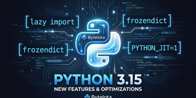 Python 3.15 featured image showing lazy import syntax and JIT compiler with ByteIota blue and white branding