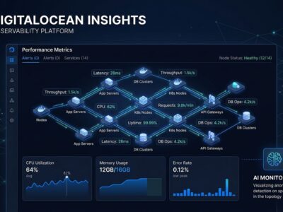 DigitalOcean Insights dashboard showing AI agent metrics, logs, and traces in a unified observability platform
