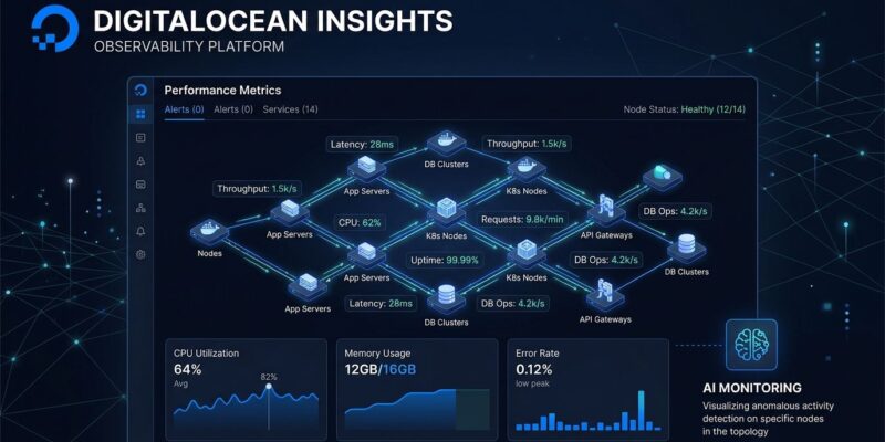 DigitalOcean Insights dashboard showing AI agent metrics, logs, and traces in a unified observability platform