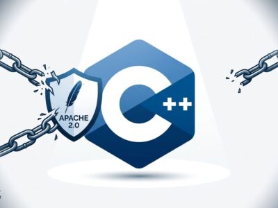 C++ logo with Apache 2.0 shield unlocking padlock chains, representing EDG compiler front-end going open source