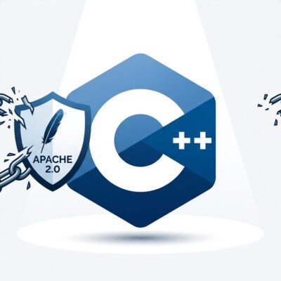 C++ logo with Apache 2.0 shield unlocking padlock chains, representing EDG compiler front-end going open source
