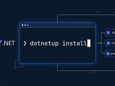 dotnetup terminal showing SDK install commands on dark blue background