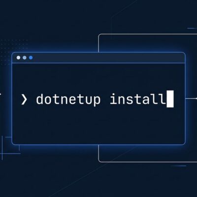 dotnetup terminal showing SDK install commands on dark blue background