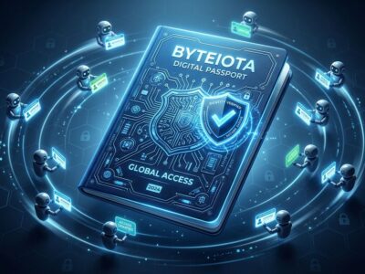 Digital passport book with glowing circuit crest surrounded by AI agent icons presenting credentials, representing ServiceNow AI Passport agent governance