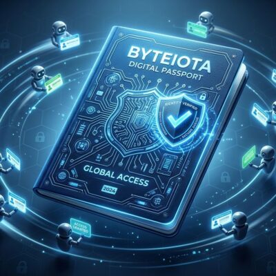 Digital passport book with glowing circuit crest surrounded by AI agent icons presenting credentials, representing ServiceNow AI Passport agent governance