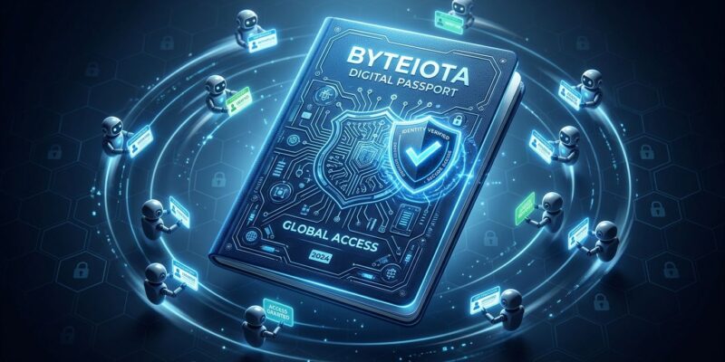 Digital passport book with glowing circuit crest surrounded by AI agent icons presenting credentials, representing ServiceNow AI Passport agent governance