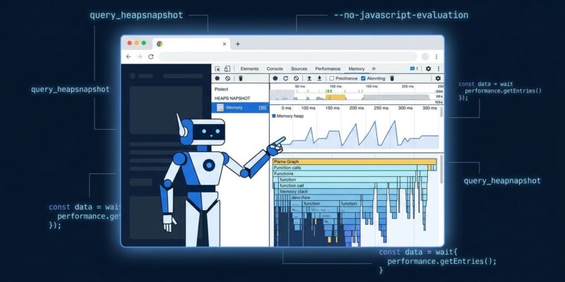 Chrome DevTools MCP server connecting an AI coding agent to browser DevTools for heap memory queries and safe production inspection
