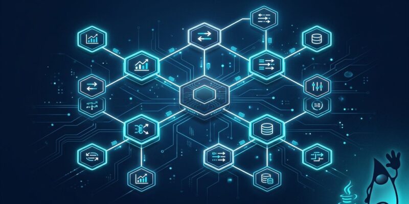 Helidon 27 microservices hexagonal architecture nodes on deep blue background representing Java framework migration