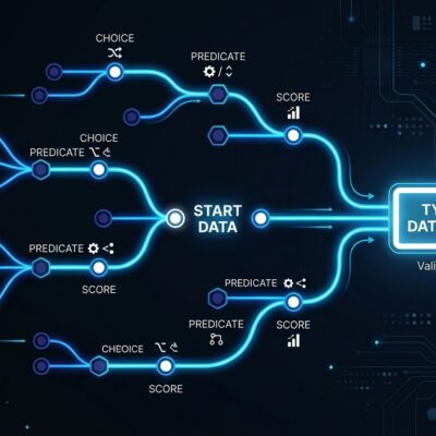Decision tree diagram showing OpenAI Decisions API branching paths for choice, predicate, and score question types