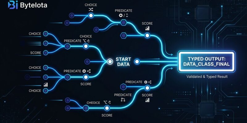 Decision tree diagram showing OpenAI Decisions API branching paths for choice, predicate, and score question types