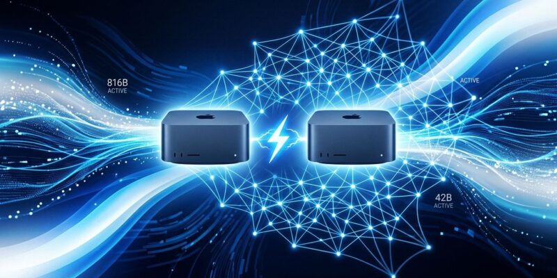 Two Mac Studio computers connected by Thunderbolt 5 with neural network mesh representing Meta Muse Spark Open 816B distributed AI inference