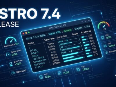 Terminal window showing astro build --timings output with performance breakdown and Astro framework logo