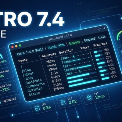 Terminal window showing astro build --timings output with performance breakdown and Astro framework logo