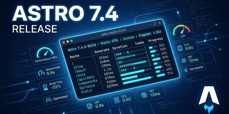 Terminal window showing astro build --timings output with performance breakdown and Astro framework logo