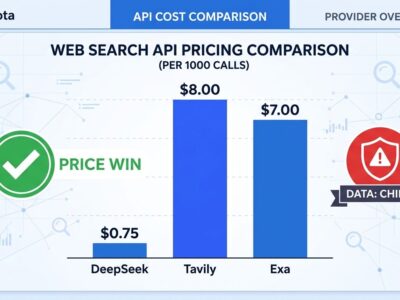 Bar chart comparing DeepSeek Search API pricing at dollar 0.75 versus Tavily at dollar 8 per 1000 calls with data privacy warning shield