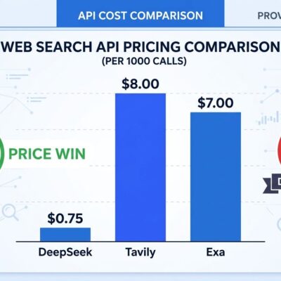 Bar chart comparing DeepSeek Search API pricing at dollar 0.75 versus Tavily at dollar 8 per 1000 calls with data privacy warning shield