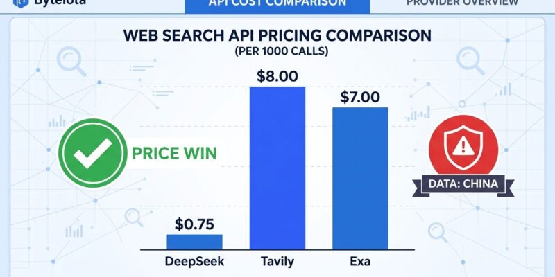 Bar chart comparing DeepSeek Search API pricing at dollar 0.75 versus Tavily at dollar 8 per 1000 calls with data privacy warning shield