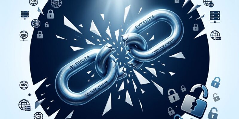 Chain-link icon fragmenting apart representing domain infrastructure failure and registrar seizure risk