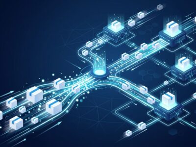 Abstract visualization of fast JavaScript package installation with blue data streams and distributed server nodes