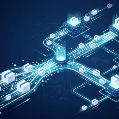 Abstract visualization of fast JavaScript package installation with blue data streams and distributed server nodes