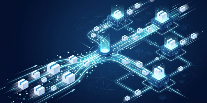 Abstract visualization of fast JavaScript package installation with blue data streams and distributed server nodes