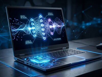 NVIDIA RTX Spark laptop with glowing blue GPU chip and neural network display representing local AI inference