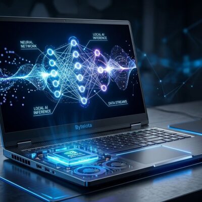 NVIDIA RTX Spark laptop with glowing blue GPU chip and neural network display representing local AI inference