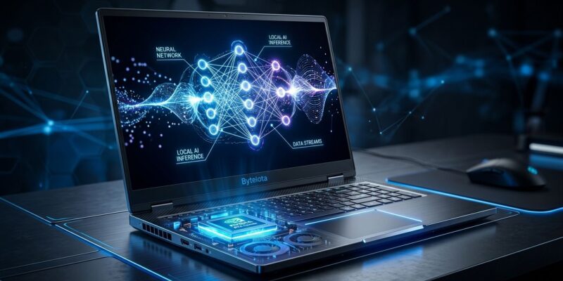 NVIDIA RTX Spark laptop with glowing blue GPU chip and neural network display representing local AI inference