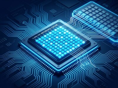GPU chip with glowing blue circuit traces showing MoE expert cache architecture for llama.cpp 0.7.0