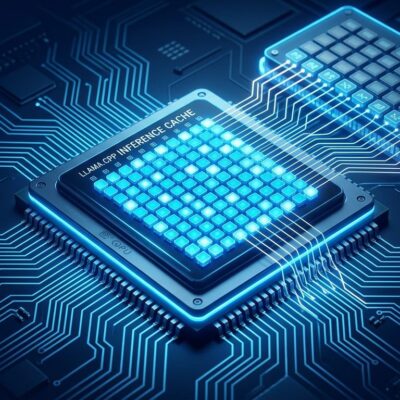 GPU chip with glowing blue circuit traces showing MoE expert cache architecture for llama.cpp 0.7.0