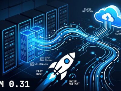 vLLM 0.31 GPU server cluster with fast restart preload daemon blue tech visualization
