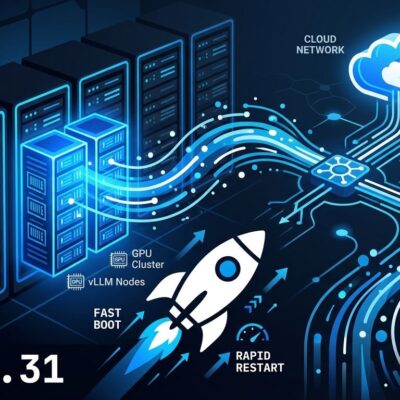 vLLM 0.31 GPU server cluster with fast restart preload daemon blue tech visualization