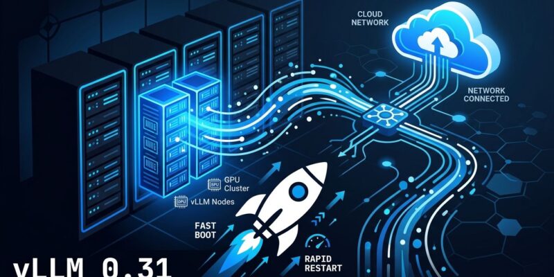 vLLM 0.31 GPU server cluster with fast restart preload daemon blue tech visualization