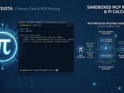 Pi coding agent 1.1 terminal interface showing MCP Codemode sandbox architecture with Pi symbol and network diagram on dark blue background