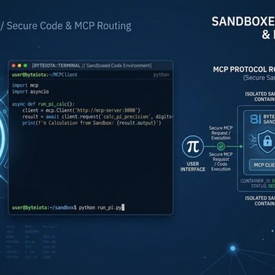 Pi coding agent 1.1 terminal interface showing MCP Codemode sandbox architecture with Pi symbol and network diagram on dark blue background